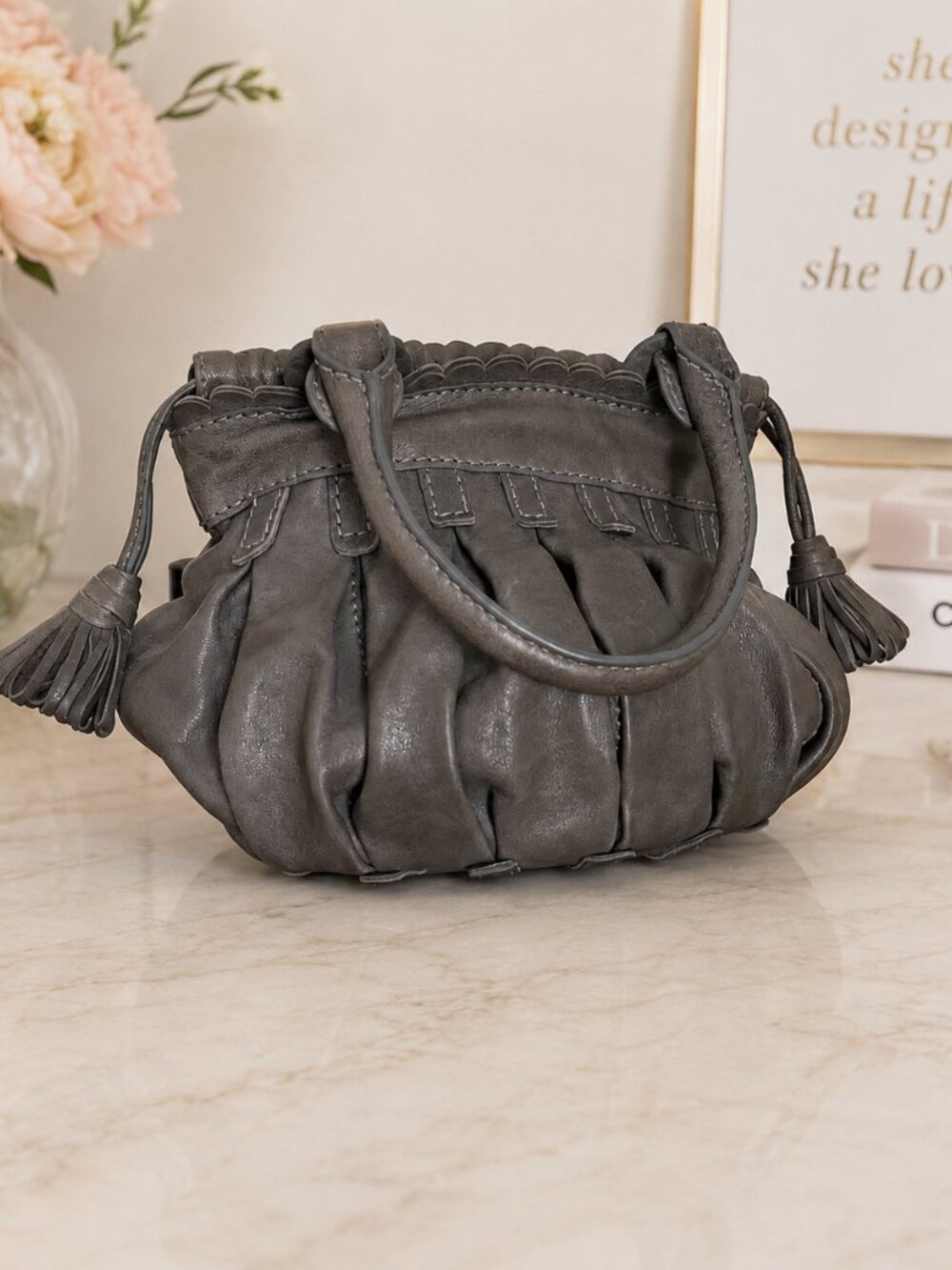 Lockheart Rare Gray Leather Mini Flower Handbag Tassel Purse Designer Bag